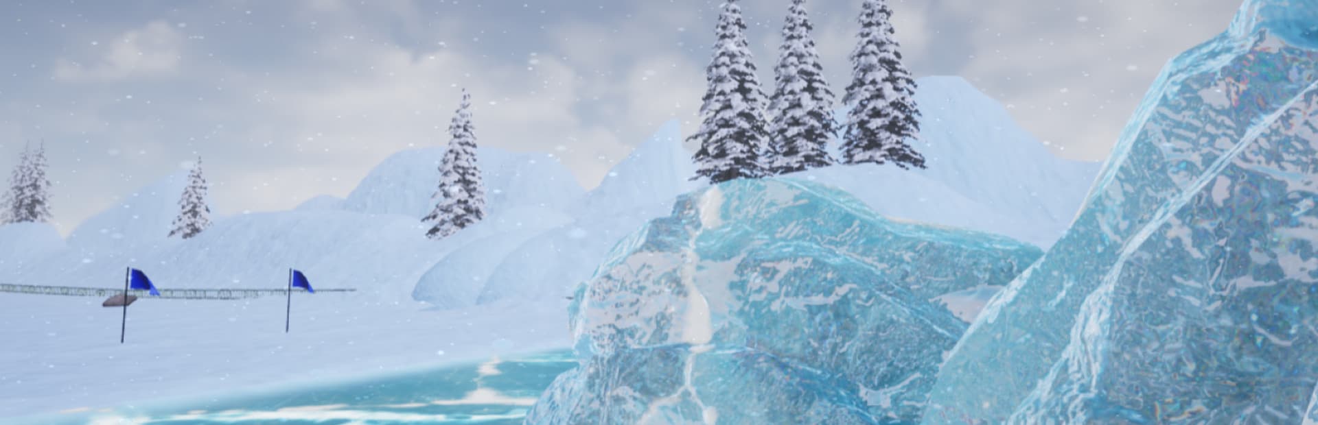 A frozen ski slope lined with pine trees and glacier ice