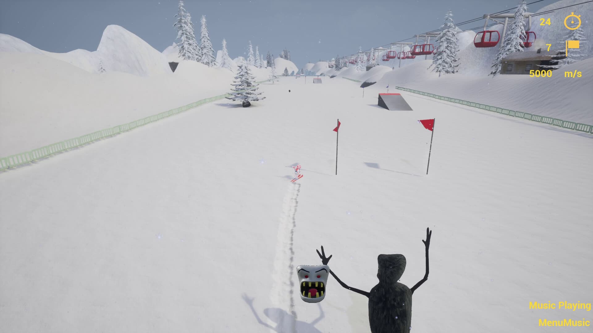 The Yeti chasing a skier between red flags
