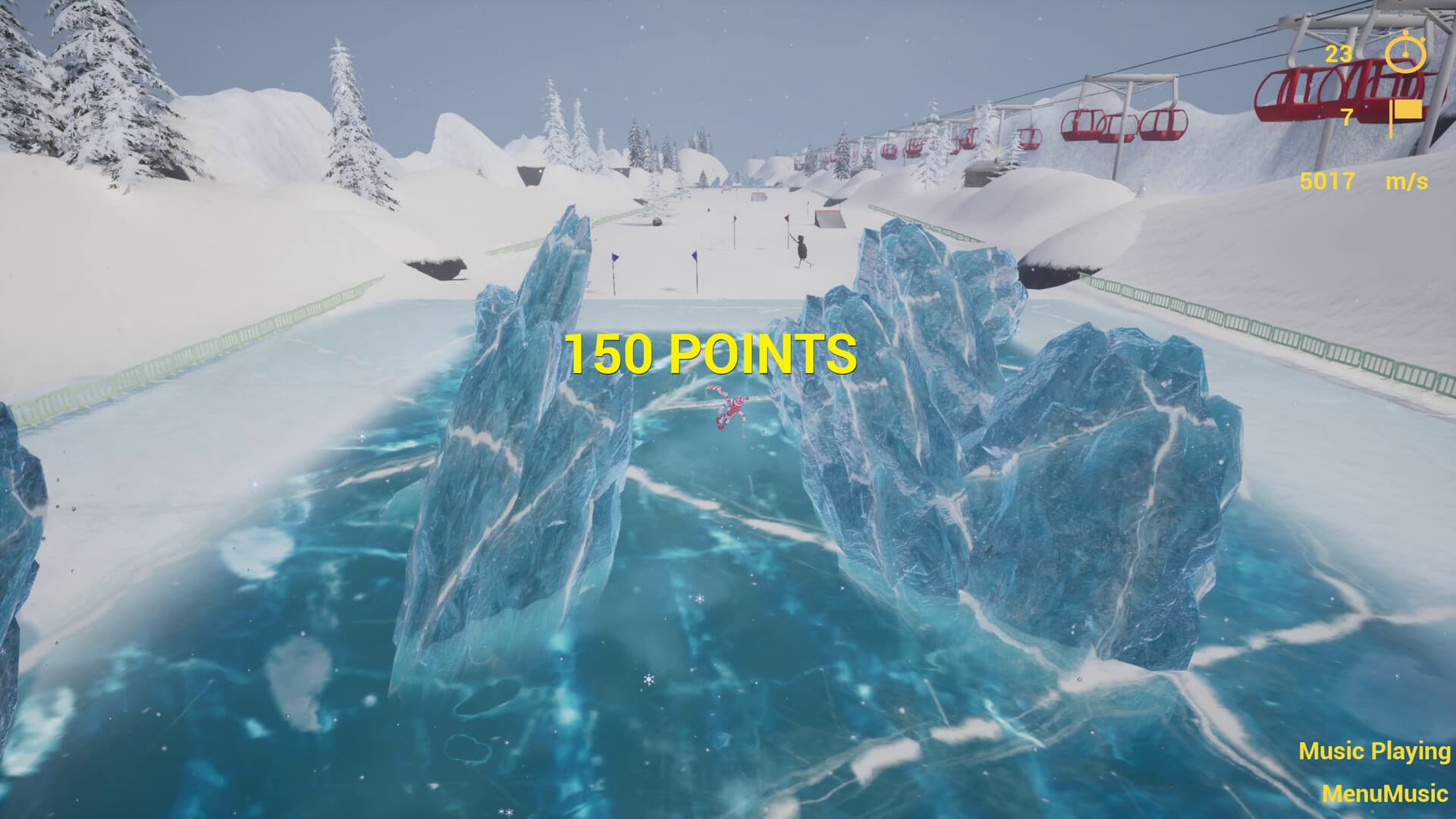 Skiing past a wall of glacier ice