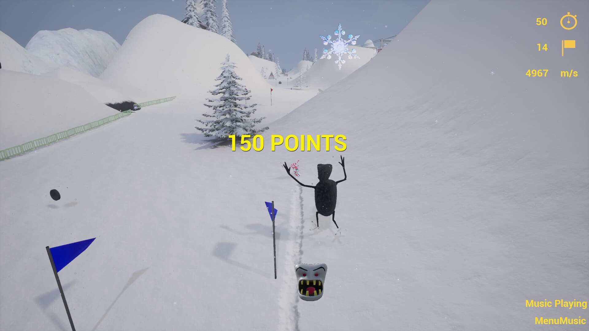 Skier passing a gate flag for 150 points